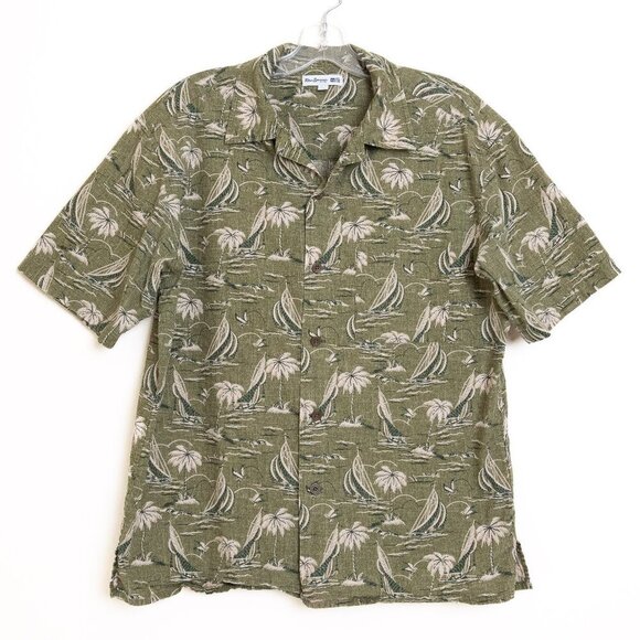✨Reyn Spooner x Uniqlo Hawaiian Aloha Shirt Green Palm Tree Sailboat Print Small - Picture 1 of 11